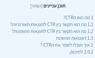 תוכן עניינים שנבנה באמצעות תוסף