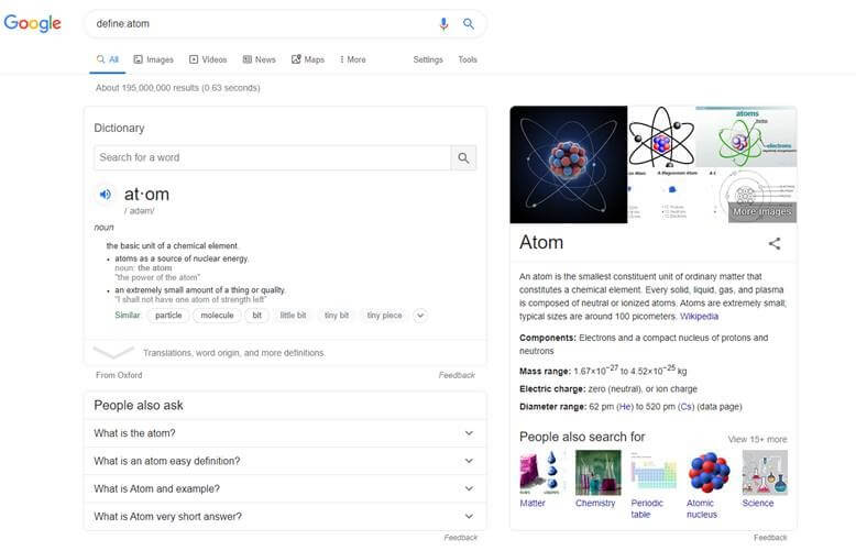 מילון מובנה בגוגל define:atom