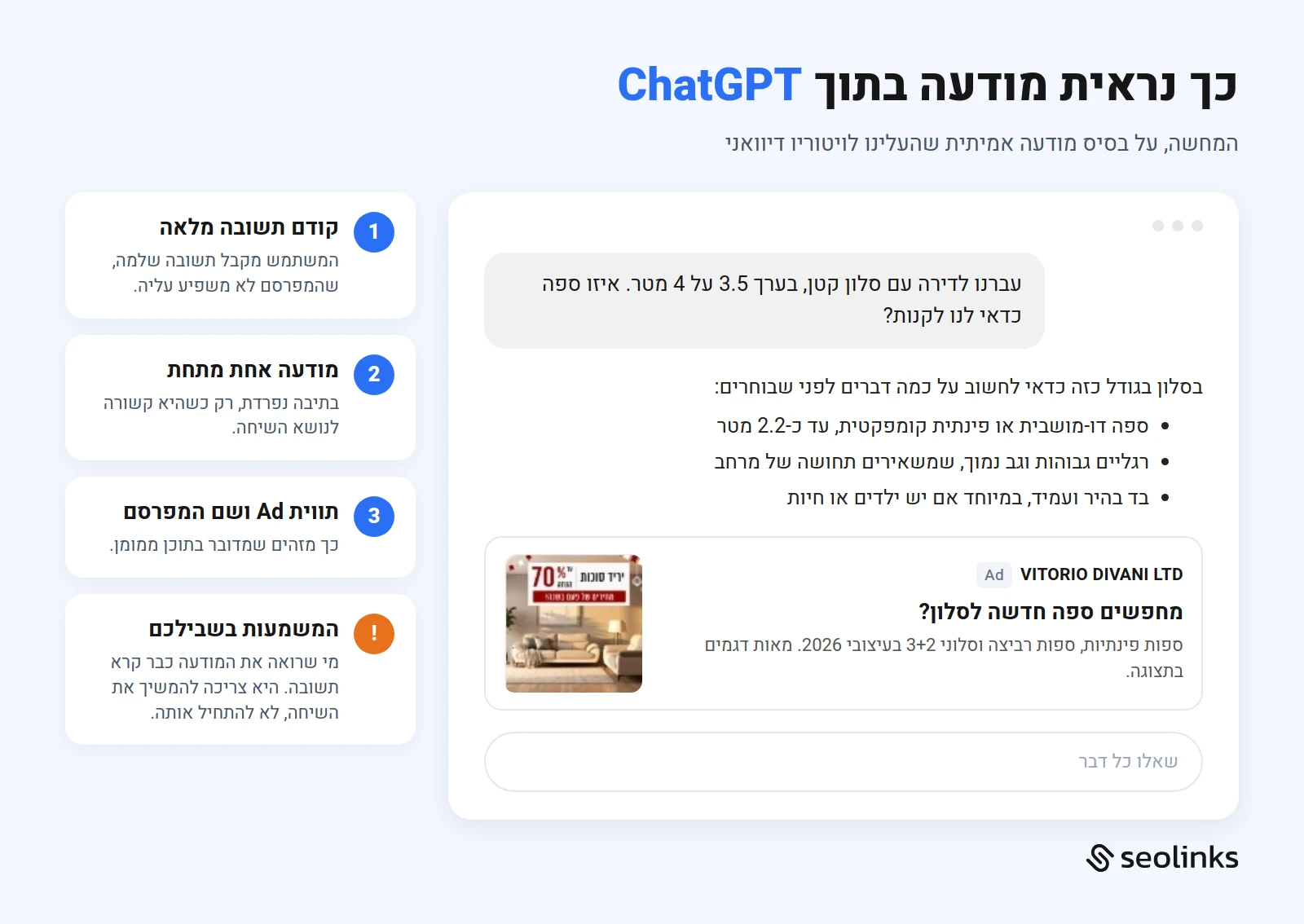איך נראה פרסום ממומן ב-ChatGPT: תשובה מלאה ומתחתיה מודעה של ויטוריו דיוואני
