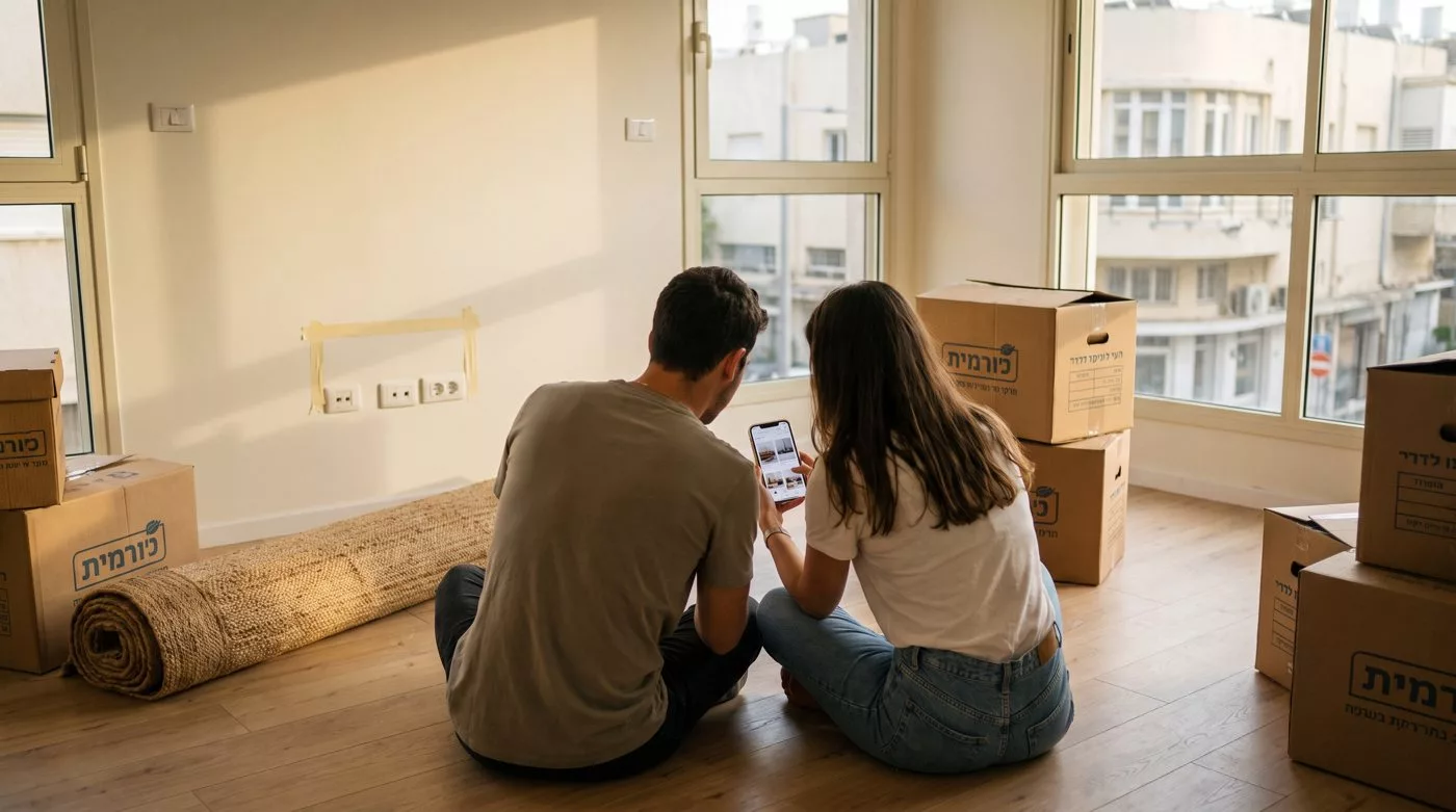 זוג בדירה חדשה מתייעץ בטלפון איזו ספה לקנות