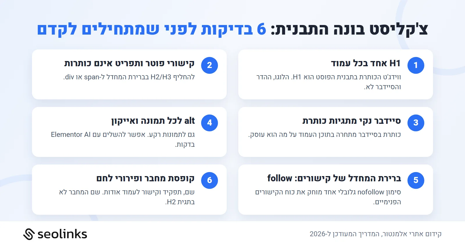צ׳קליסט בונה התבנית של אלמנטור: 6 בדיקות SEO לפני שמתחילים לקדם